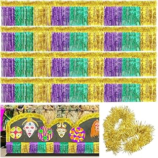 Crowye 10 Pcs Mardi Gras Parade Float Decorations Mardi Gras Car Decorations with Metallic Foil Fringe Curtains Tinsel Garland for Car Vehicle Golf Bus Festival Party Decor
