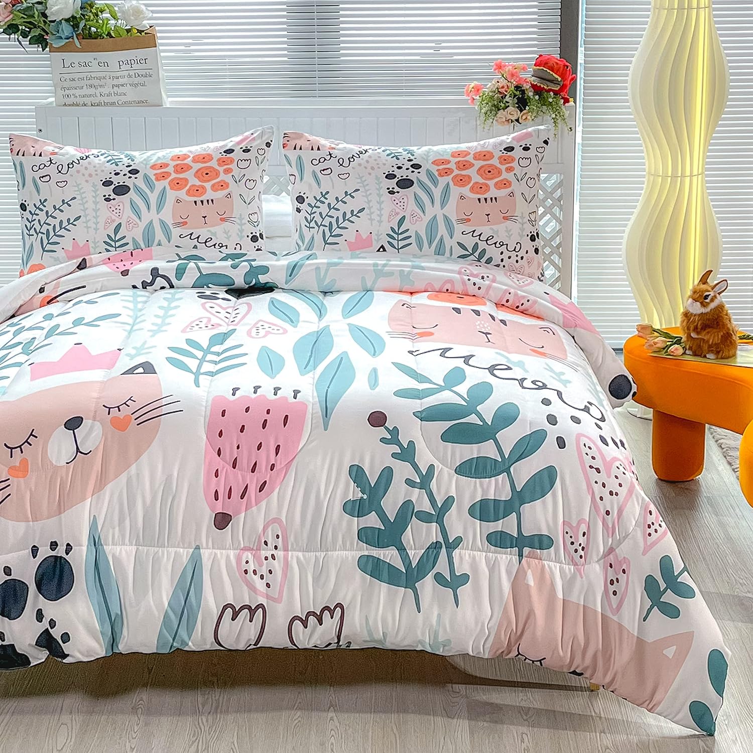 CVHOUSE Cat Bedding,Cartoon Cat Comforter Twin,Animals Print Comforter Set for Kids,Kawaii Quilt Set with 1 Comforter and 2 Pillow Cases