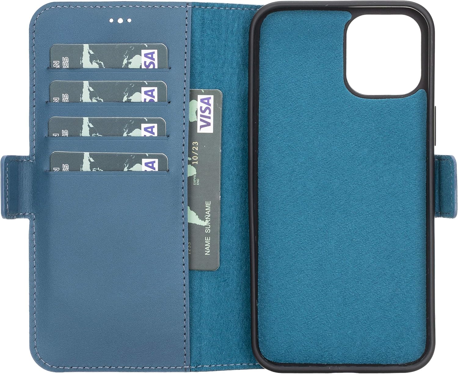 Bayelon for iPhone 12 Pro Max 6.7” Leather Wallet Case, Full Grain Leather Folio Flip Cover, RFID Blocking Credit Card Holder (Burnt Blue)