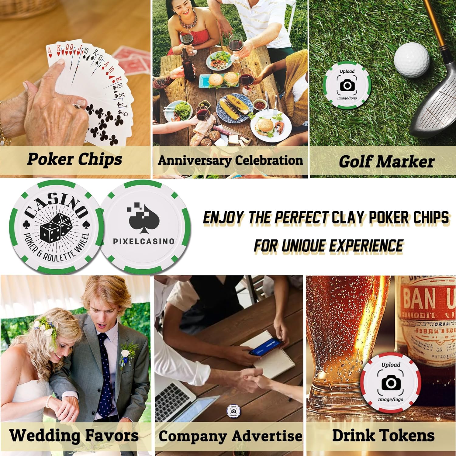 Custom Clay Poker Chips, 11.5Gram Personalized Poker Chips with Full Color Logo,Casino-Grade Monte Carlo Style Chips, Event Tokens for Texas Hold’em, Blackjack, Card Nights, Pack of 50