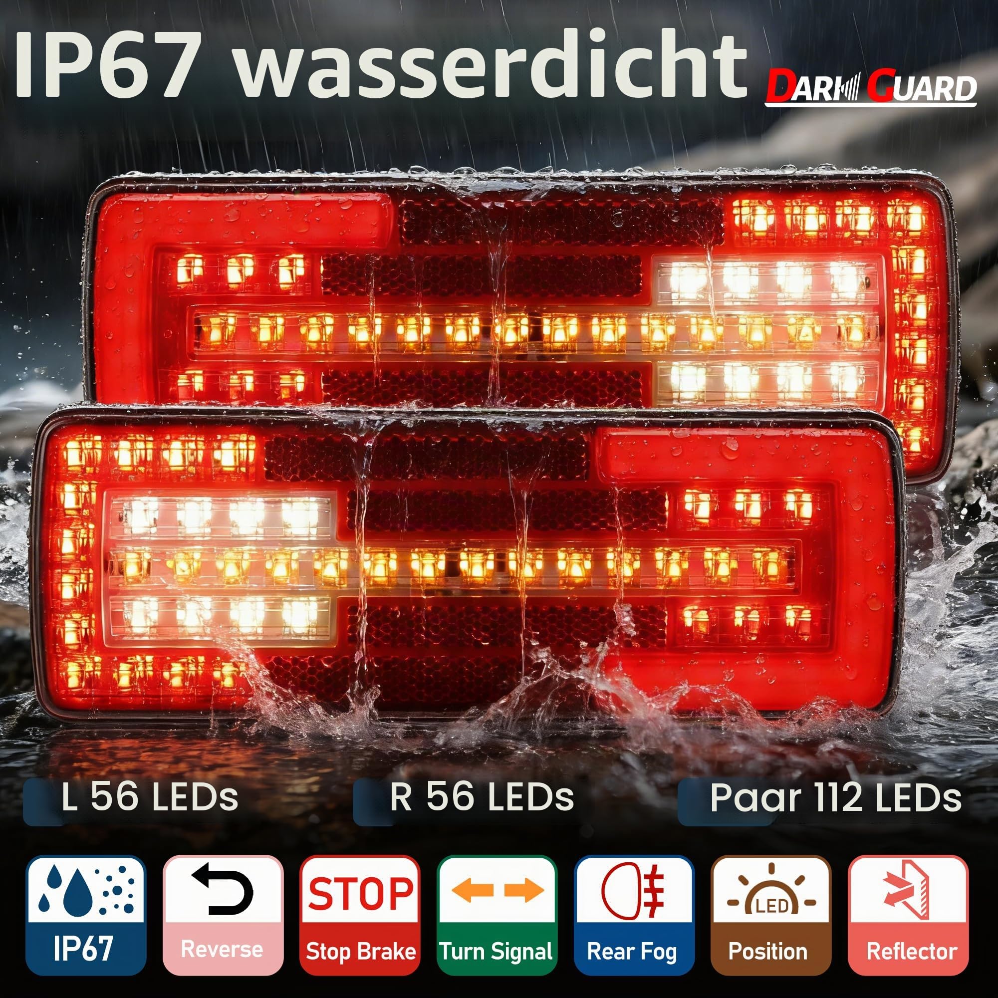 2 x Rücklicht Anhänger Beleuchtung LED Heckleuchten 12V/24V Wasserdicht Rückleuchten für Anhänger PKW Landwirts-Traktor, 6 Funktionen mit Nebelleuchte-Rückfahrlicht & Reflektor