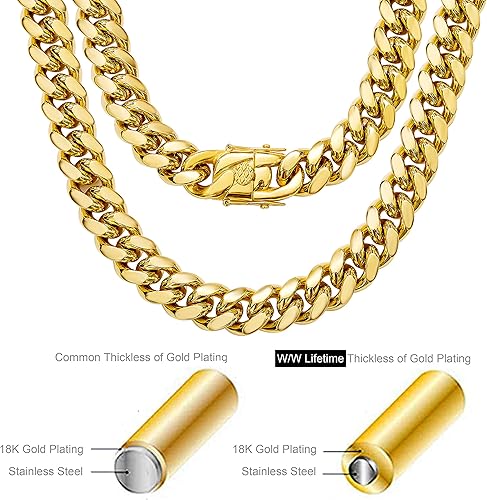 Miniatura 3 de Collar de cadena de eslabones cubanos de acero inoxidable chapado en oro de 18 quilates para hombre