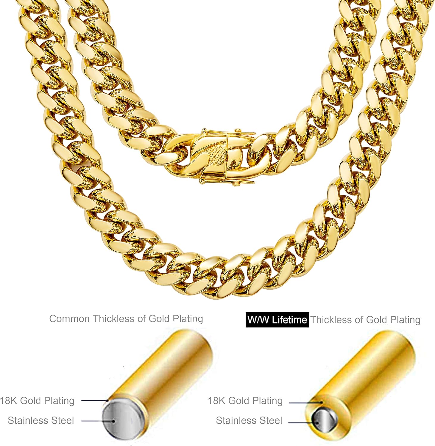 Miniatura 3 de WW Lifetime Collar de cadena de eslabones cubanos de acero inoxidable chapado en oro de 18 quilates para hombre