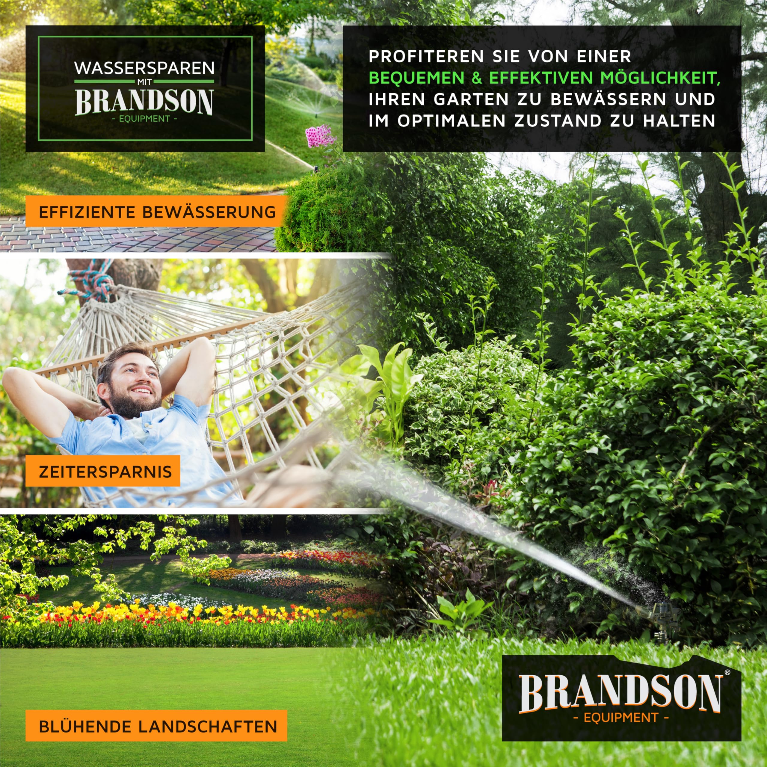 Brandson - Rasensprenger Impulsregner Metall – Intervall Sprinkler – Kreisregner – große Flächen bis 314 m2 – 20 m Reichweite - Bewässerungssystem – Schnellkupplung 3/4 Zoll auf 1/2 Zoll