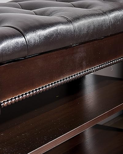 Miniatura 6 de Banco de almacenamiento de zapatos, zapatero de entrada con asiento de cuero, organizador de 2 niveles, banco de madera para vestíbulo, dormitorio,