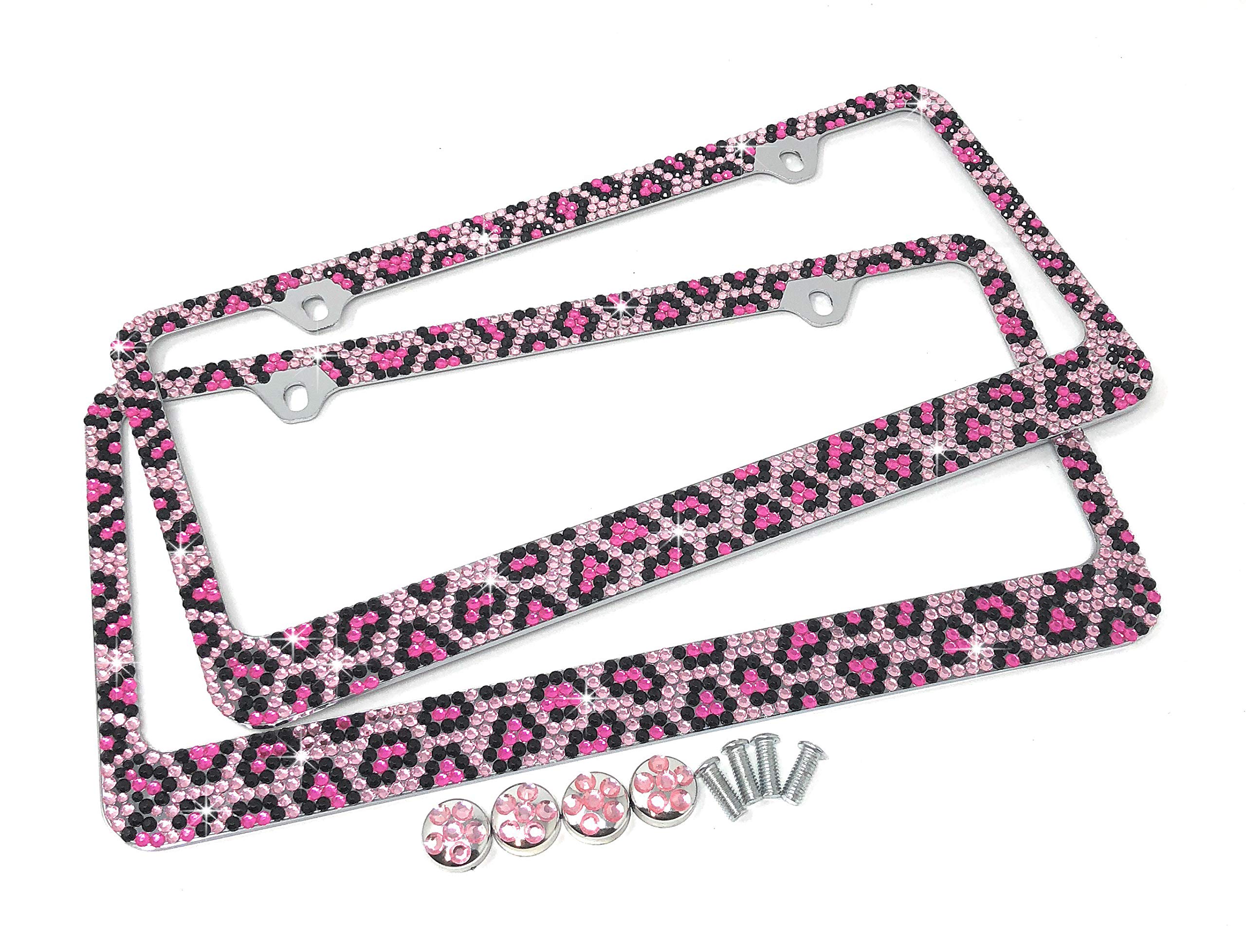 JR2 Premium 2 PCS Shining Crystal License Plate Frame+Free Crystal Cap+Screw (Pink Leopard)