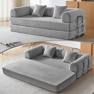 QQR Convertible Sleeper Sofa Bed, Sleeper Sofa with Pillow | Corduroy Fabric | High-Density Sponge | Fixed-Shape Frame, Modular Sofa Bed for Living Room Lounge Studio (Light Grey)