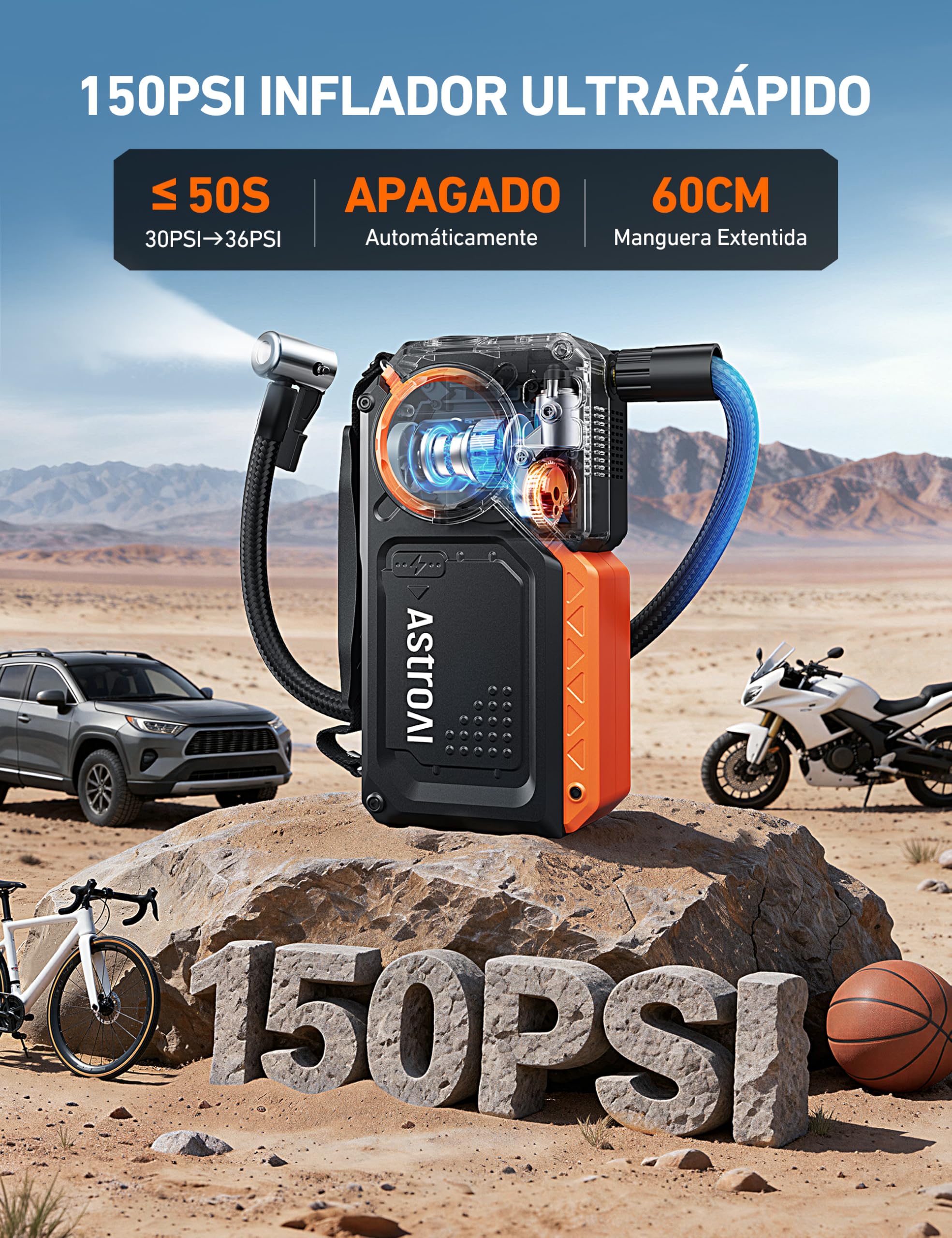 AstroAI Arrancador de Batería de Coche 8000A con Compresor Aire, Arrancador Coche Prtatil con Inflador de 150 PSI, Jump Starter 12V (Todo Gasolina o 12L Diésel), con Pantalla LED y Luz de Emergencia