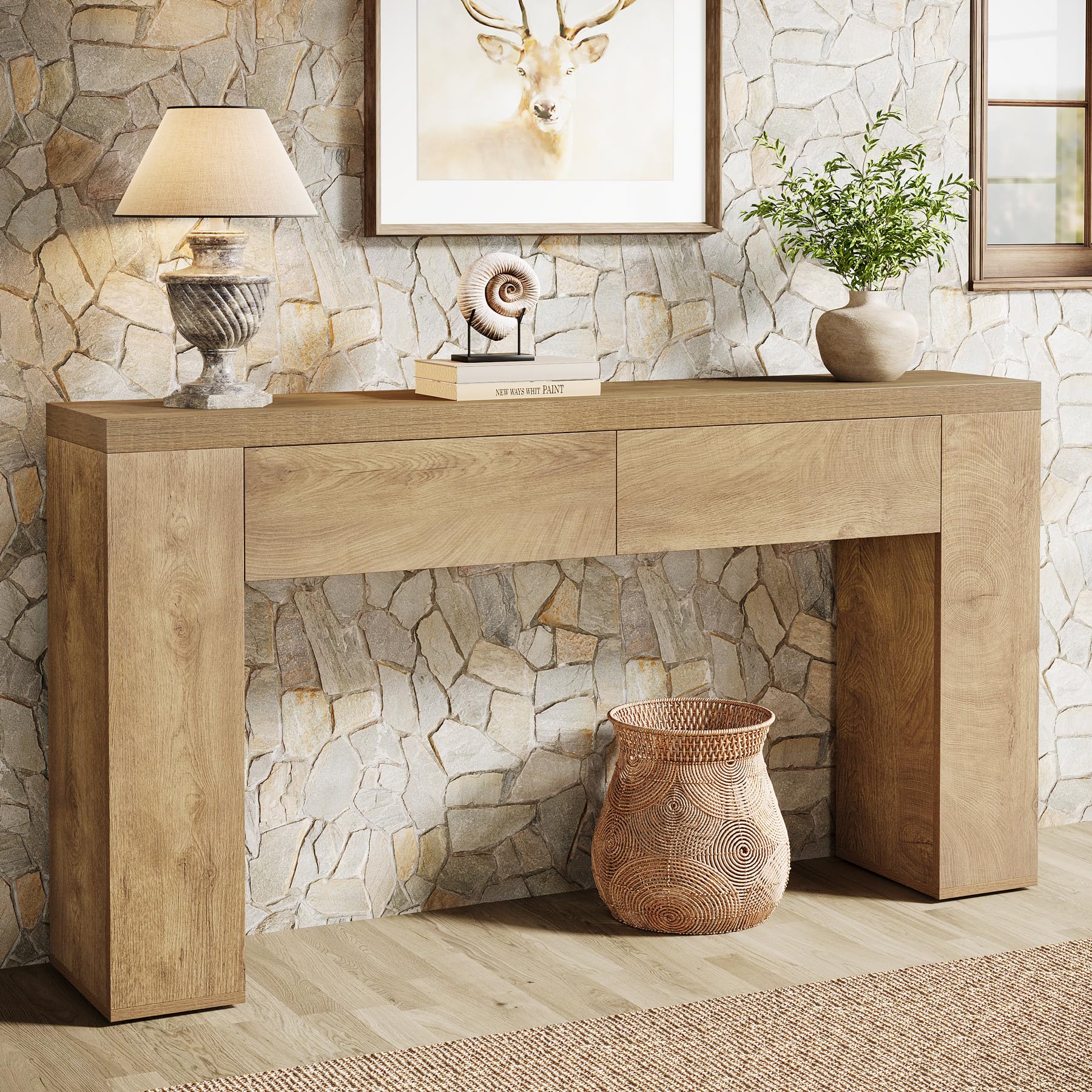 Tribesigns Tavolo consolle da 160 cm con 2 cassetti, tavolino da corridoio sottile con vano portaoggetti, moderno in legno dietro il divano, stile rustico, per corridoio, soggiorno, corridoio