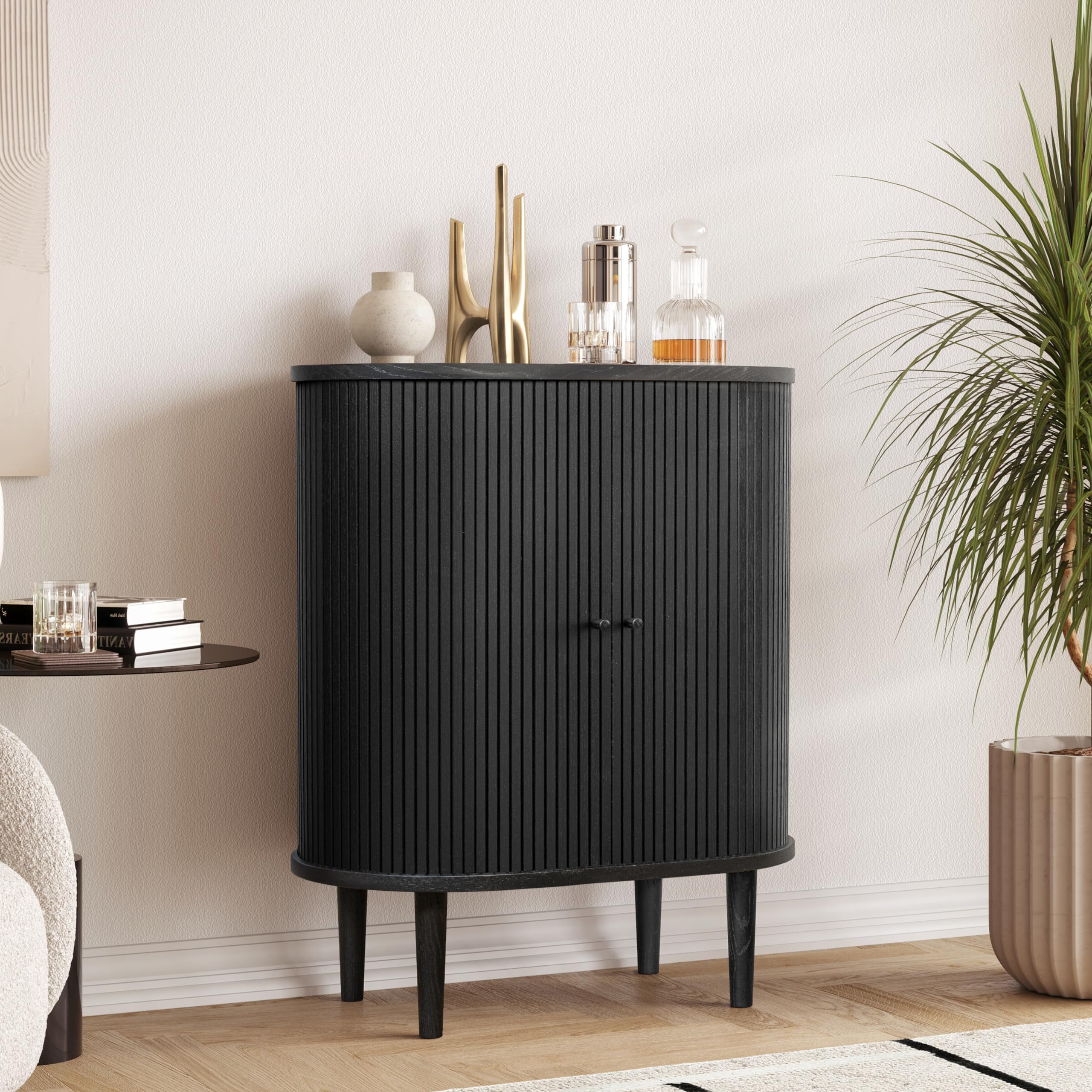 WERMO 28'' Black Bar Cabinet with Storage and Shelves - Coffee and Wine Bar Black Cabinet with Doors, Small Liquor Dining Room Sideboard, Narrow Living Room Credenza, Coffee Station (Black Oak)