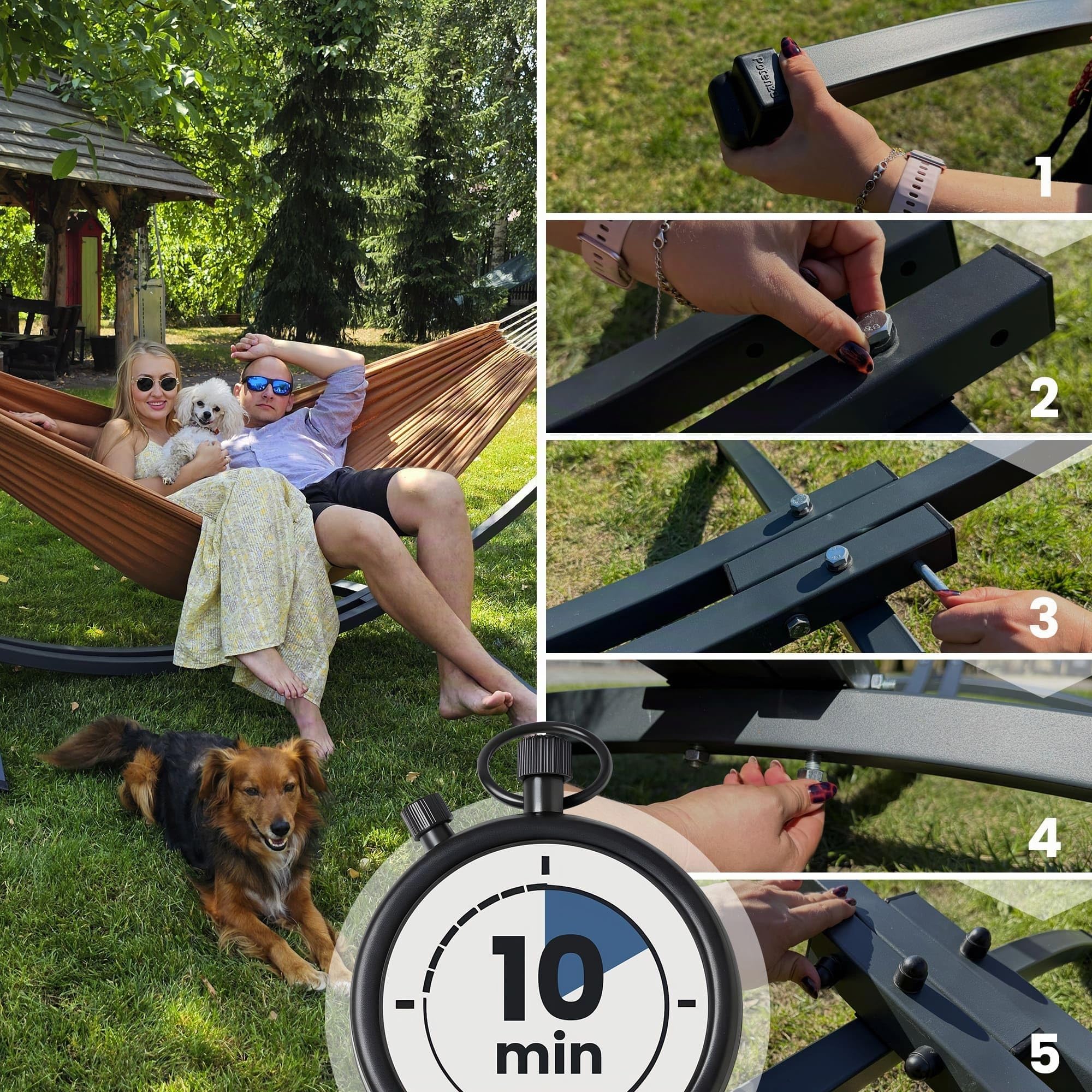 Potenza Outdoor Hängematte mit Gestell Metall für 2 Personen I Catargo - Baumwolle Doppelhängematte XXL 220x160cm, 220kg I Hängemattengestell 220kg, wetterfest (Grau, Basic Gestell Graphit)