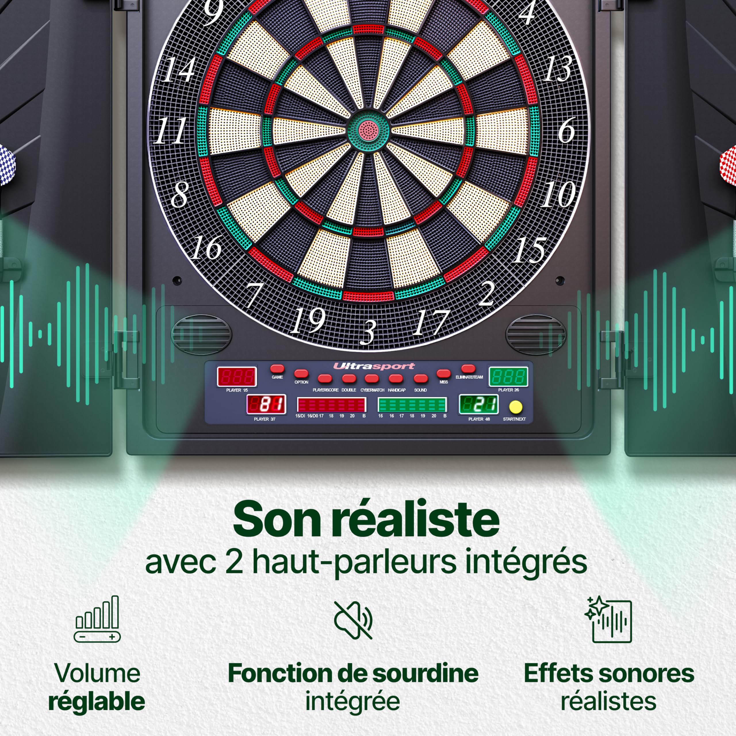 Ultrasport Cible de Fléchettes Électronique avec et sans Portes I Jeu de Fléchettes Électronique pour 1 à 8 Joueurs avec 15 Fléchettes, 15 Plumes, 100 Pointes de Fléchettes, 3 Lignes de Chute