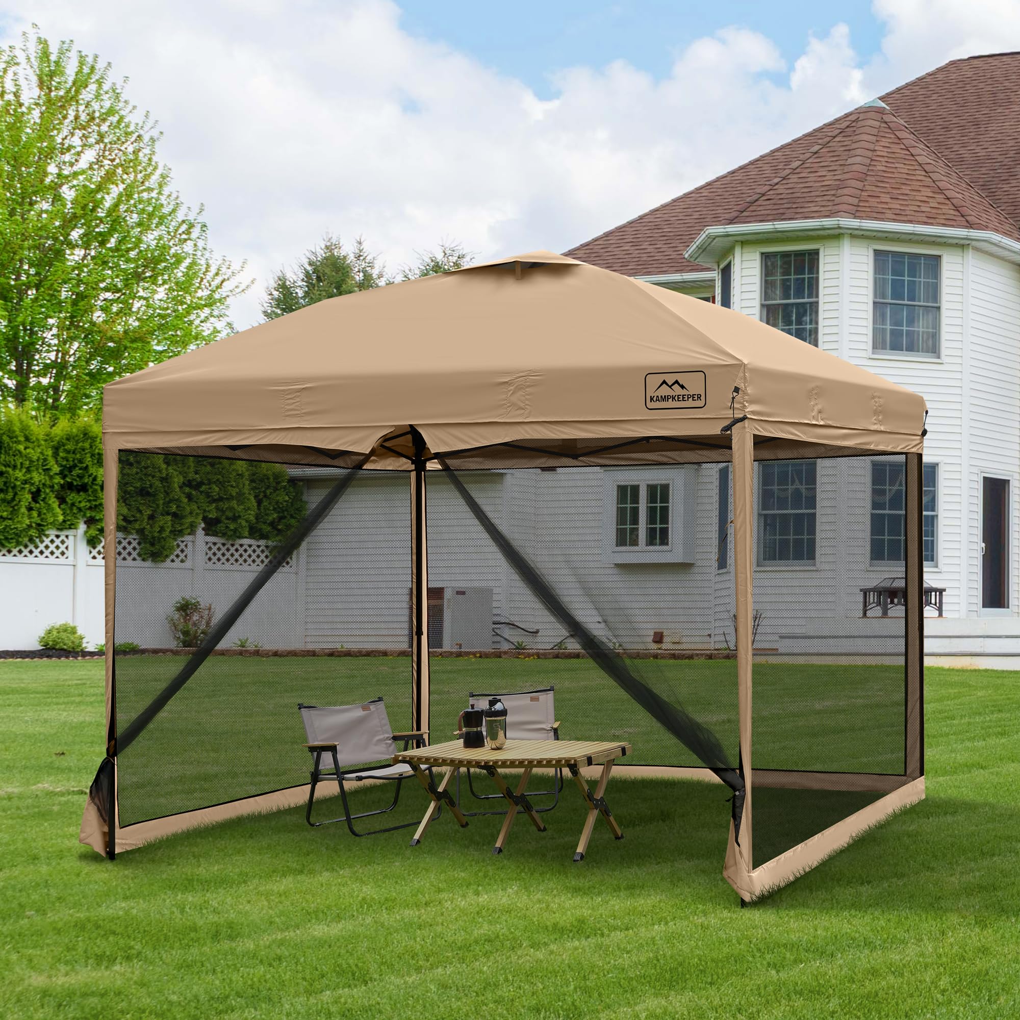 KAMPKEEPER 10x10 Pop Up Canopy with Mosquito Netting,Instant Outdoor Screen Tent Sun Shade for Events Patio Camping Picnic,Gazebo with 4 Sandbags,1 Wheeled Bag(Khaki)