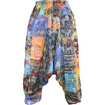 Gheri Mens Multicolored Patchwork Elastic Waist Harem Genie Pants Trousers
