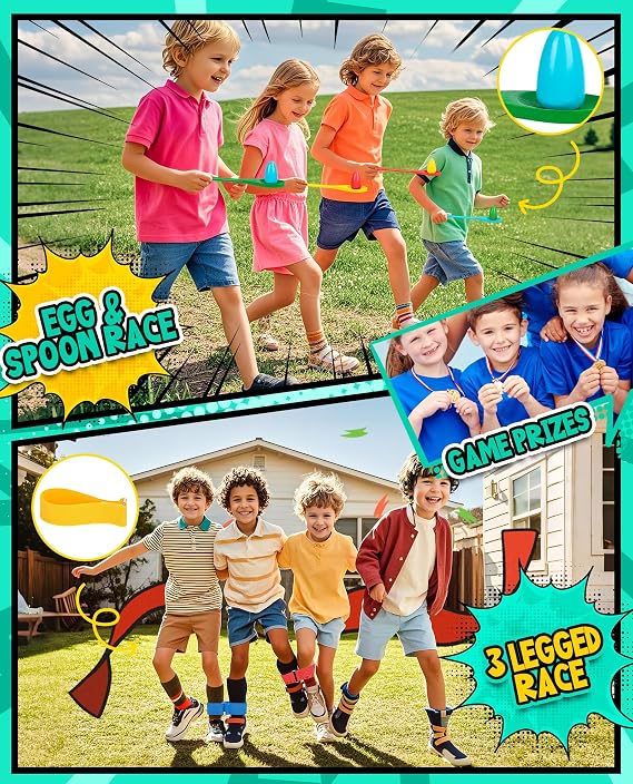 Outdoor Carnival Games Set, Potato Sack & Relay Race for Kids Adults Fun | Egg spoon set, 3-legged bands & Catch tail games. Durable Oxford. Perfect for birthday, Easter, Christmas & family lawn games