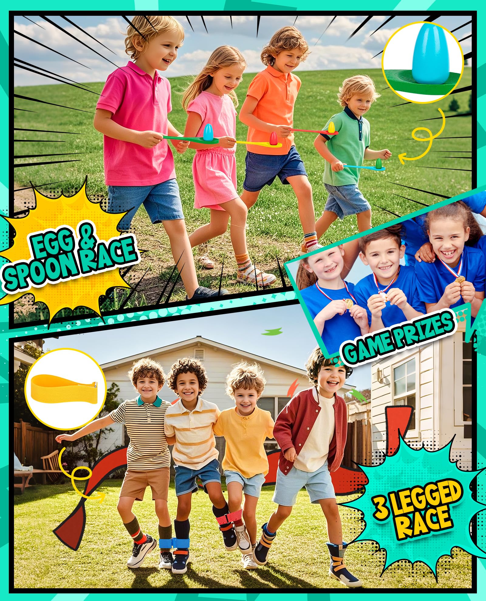 Eocolz Outdoor Carnival Games, Potato Sack Bags for Kids Adults, Egg Spoon Relay Race, 3 Legged Race Bands, Catch Tail Games, Birthday Party, Field Day Family Day Yard Lawn Easter Fall Festival Games - 4