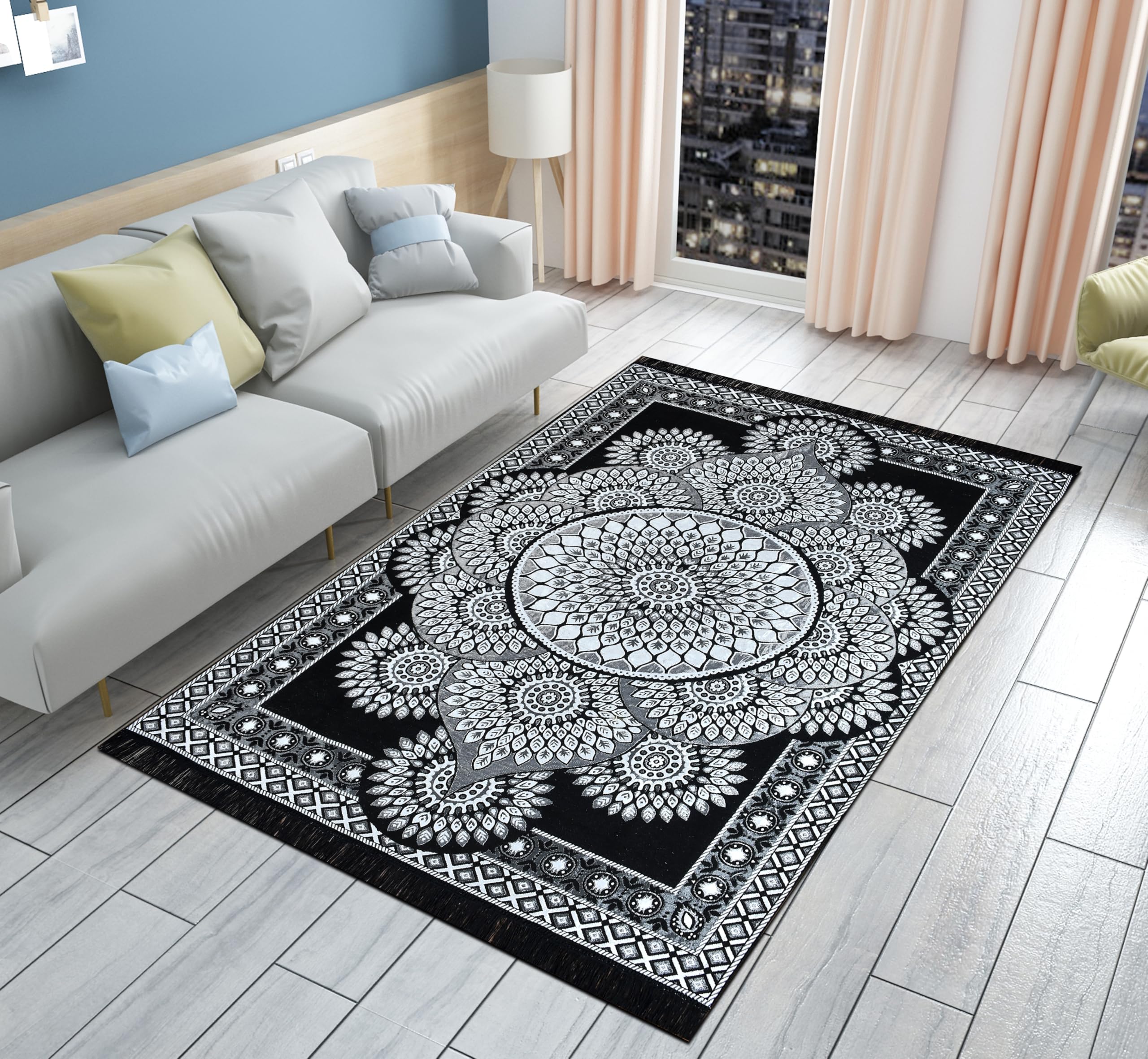 5x7 Velvet Carpet - Black & White Mandala Rug -5 5x7 Velvet Carpet - Black & White Mandala Rug -5