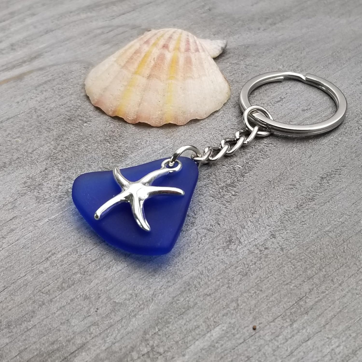Sea Glass Jewelry, Hawaii Cobalt Sea Glass Keychain Gift, Unisex Gfit for Men or Women, Unique Gift with Starfish Charm from Hawaii and the Ocean, September Birthstone