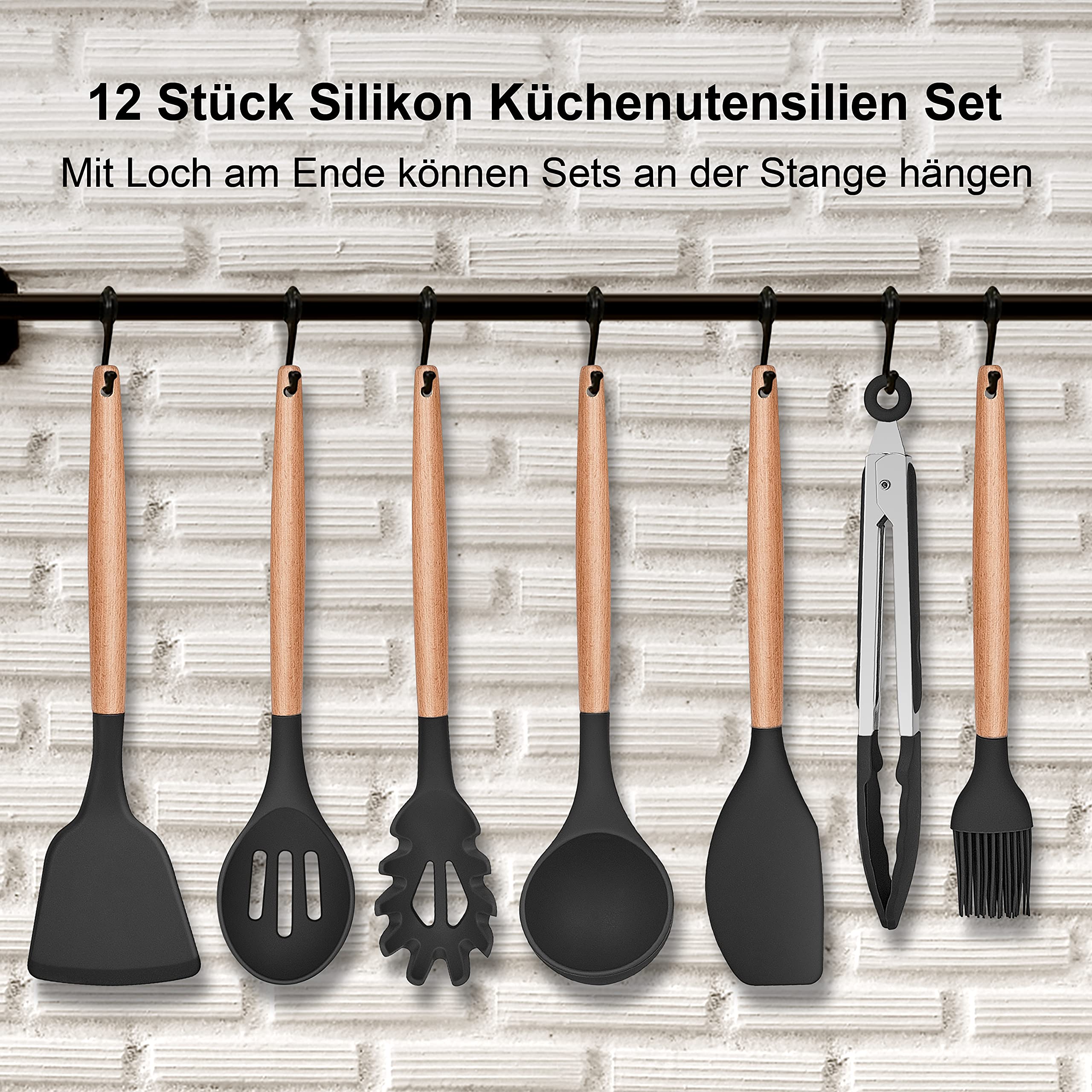 12 Ustensiles Cuisine Silicone Retoo - Avec Porte-ustensiles Et Poignées Bois