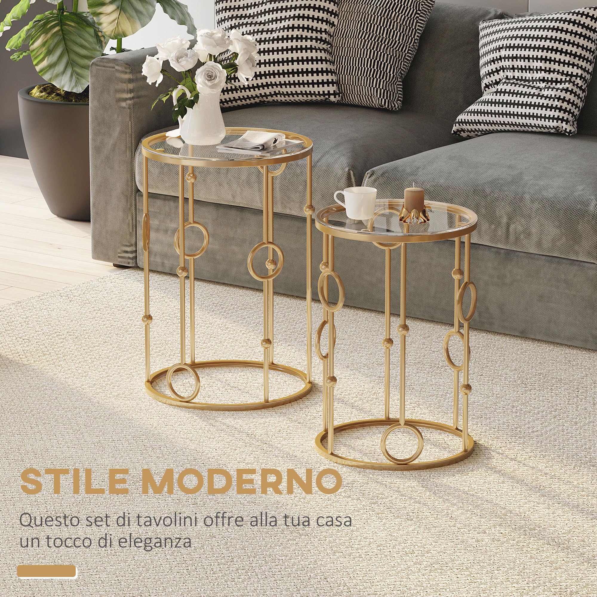 HOMCOM Set 2 Pezzi Tavolini da Caffè Design Elegante con Motivi a Cerchio, Metallo e Vetro Temperato Φ41x57cm & Φ36x51cm
