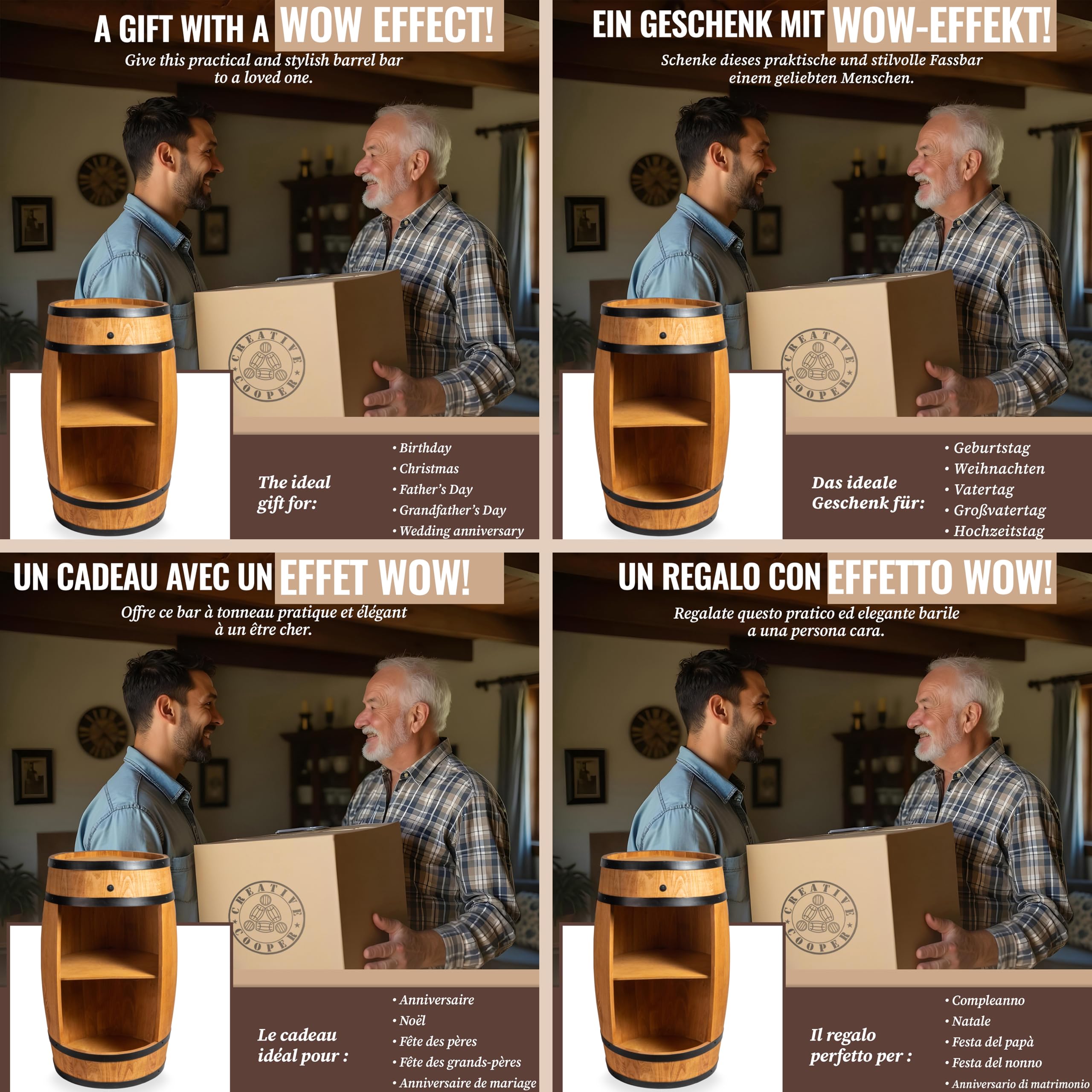 CREATIVE COOPER Tonneau en Bois avec éclairage LED - Armoire Bar Meuble Rangement Bouteille Alcool - Casier à Vin,Whisky, Bière et Boissons - Organisateur d'Armoires d'alcool - 80 cm De Haut (Chêne)