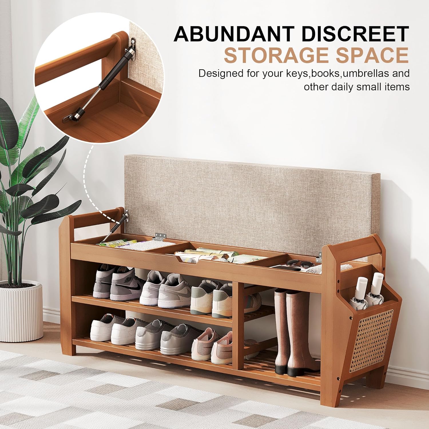 39.4" Bamboo Shoe Rack Bench, 3-Tier Entryway Bench with Thick Cushion, Flip-Top & Side Storage, Holds Up to 550 LBS for Hallway, Living Room, Bedroom