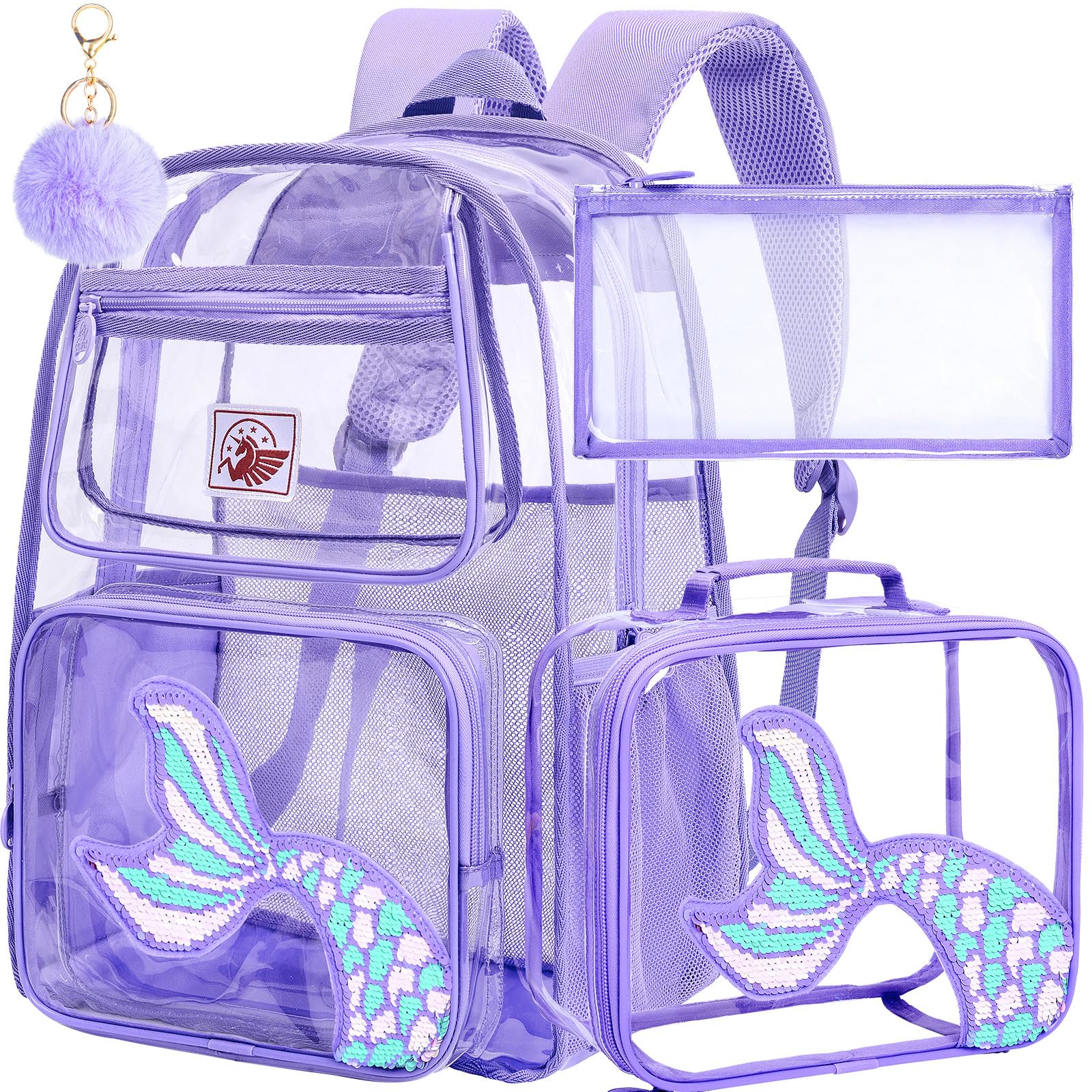 AGSDON 3PCS Clear Backpack for Girls, Kids Mermaid Transparent Backpack with Heavy Duty PVC, See Through Backpacks with Lunch Bag-Purple