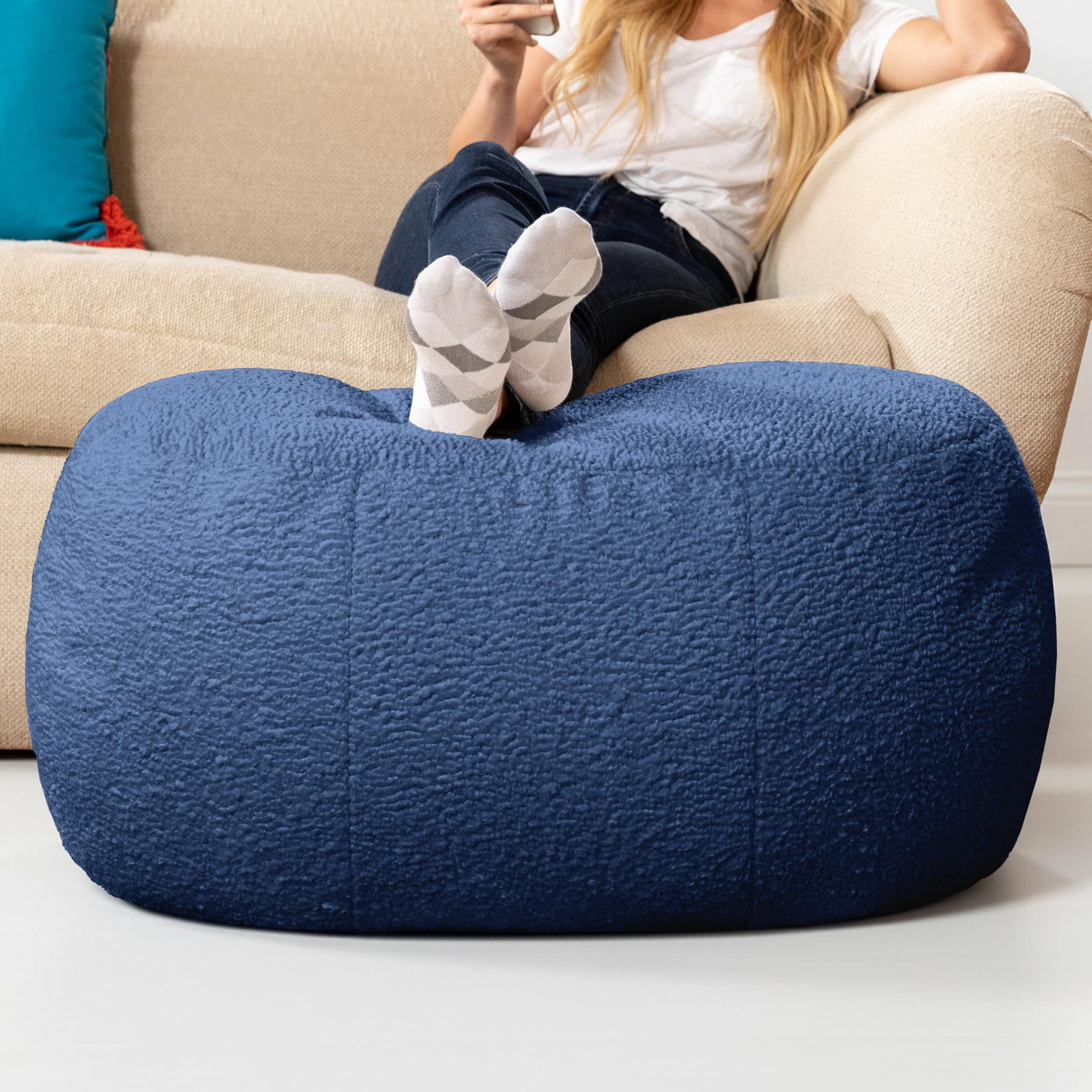 Jaxx Ellis Ottoman Shearling Faux-Lamb Plush Pouf for Modern Interior Design, Oval, Indigo-image-5