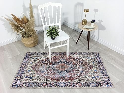 Miniatura 4 de Fame Rugs Alfombras vintage bohemias para sala de estar, dormitorio, azul marino y marrón, 2 x 3 pies