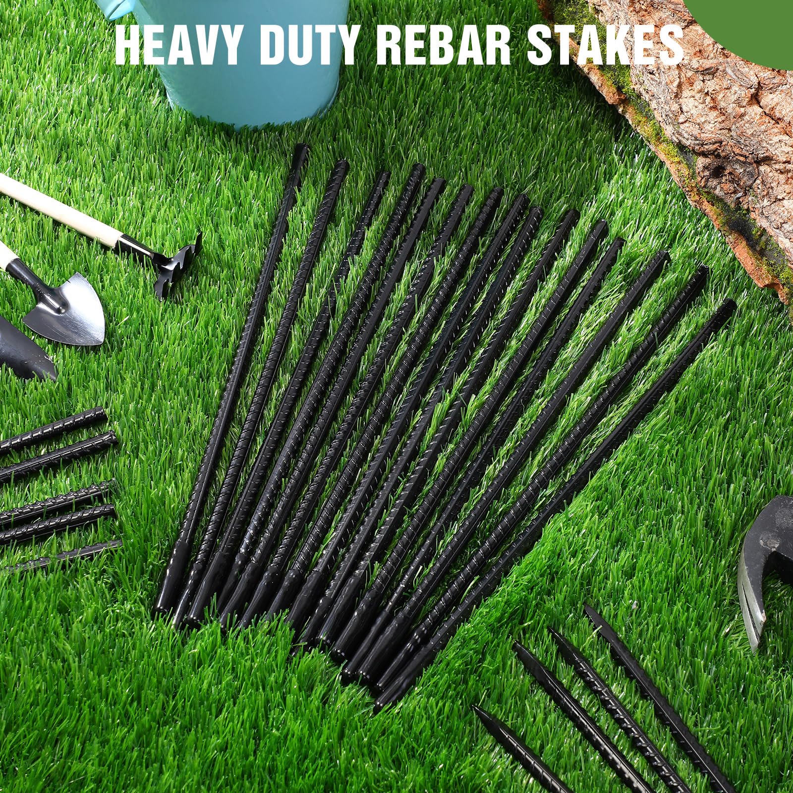 Jetec Lot de 12 piquets d'armature de sol noirs de 61 cm, ancrages au sol robustes en acier pour plantes, piquets de jardin longs et droits en métal avec extrémité biseautée pour jardin, béton, tente