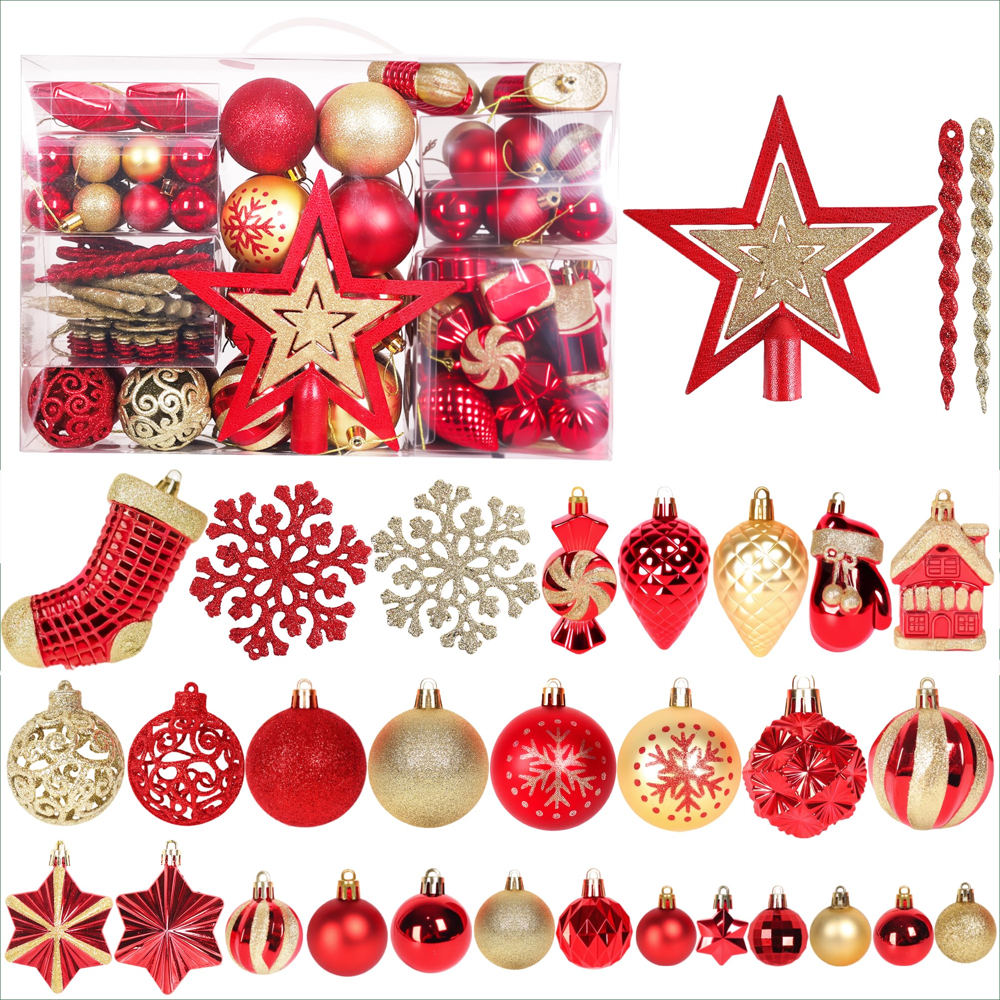 Norvens Ruby Red & Gold - 135Pcs 135Pcs Christmas Tree Baubles Set, Christmas Tree Decorations Ball Ornaments, Shatterproof Hanging Ornaments For Xmas Trees, Wreath, Garland, Red & Gold