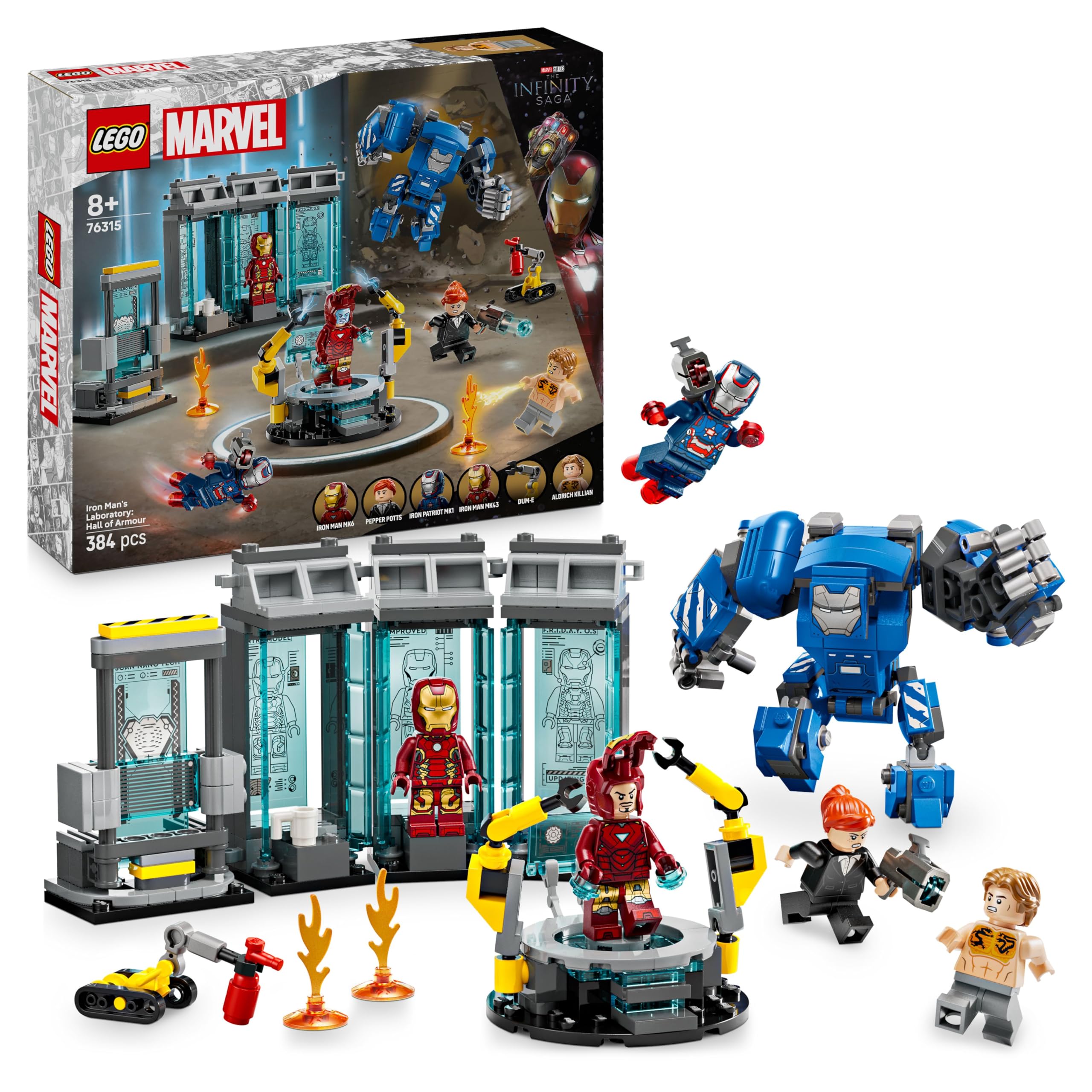LEGO | Marvel Laboratorio de Iron Man: Sala de Armaduras, Juguete de Construcción de Superhéroes con Figura Meca Articulada y 5 Minifiguras, Regalo de los Vengadores para Niños y Niñas de 8+ Años76315