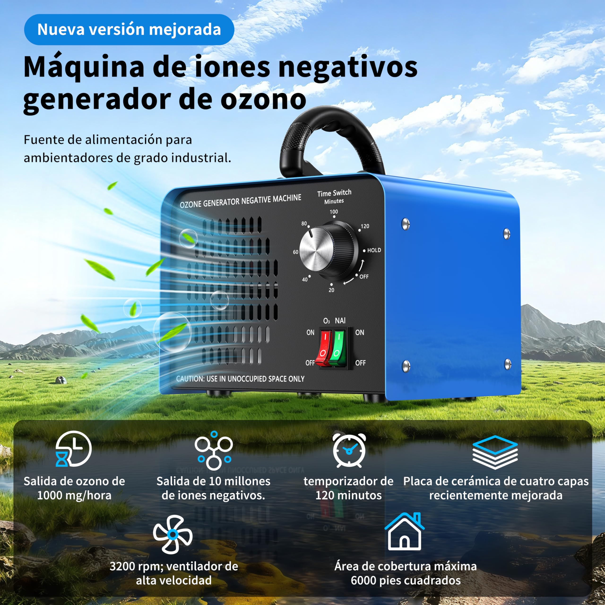 Generador de ozono de 100 000 mg/h, dispositivo de ozono con iones negativos y temporizador de 120 minutos,ozonizador O3 para eliminar olores en el coche,el hogar,mascotas, aplicable a 600 m².