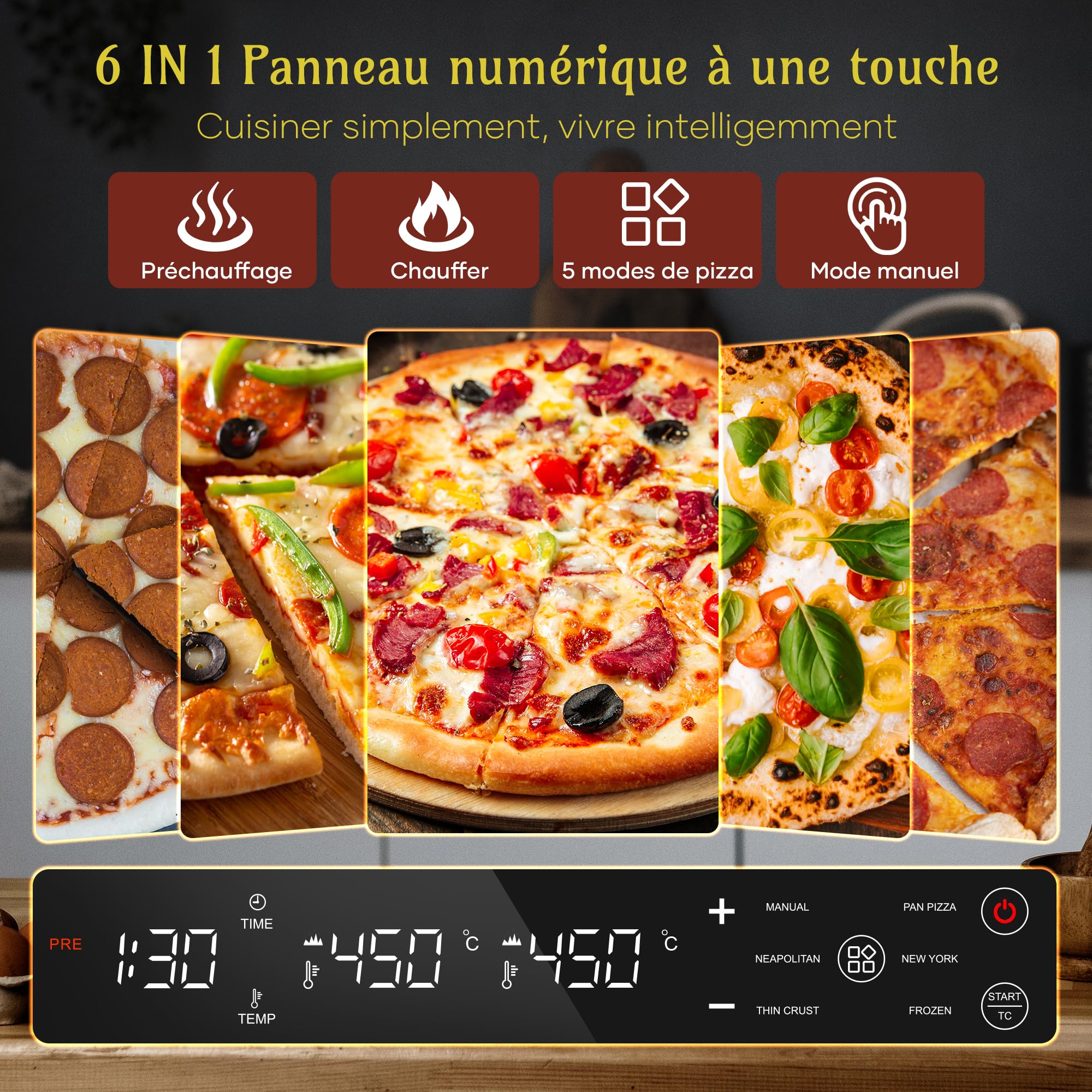 Four à pizza électrique - 6 programmes, 1700 W, température maximale 450 °C, idéal pour les pizzas de 32 cm - 5 en 1 : pizza, grill, maintien au chaud, cuisson et pâtisserie