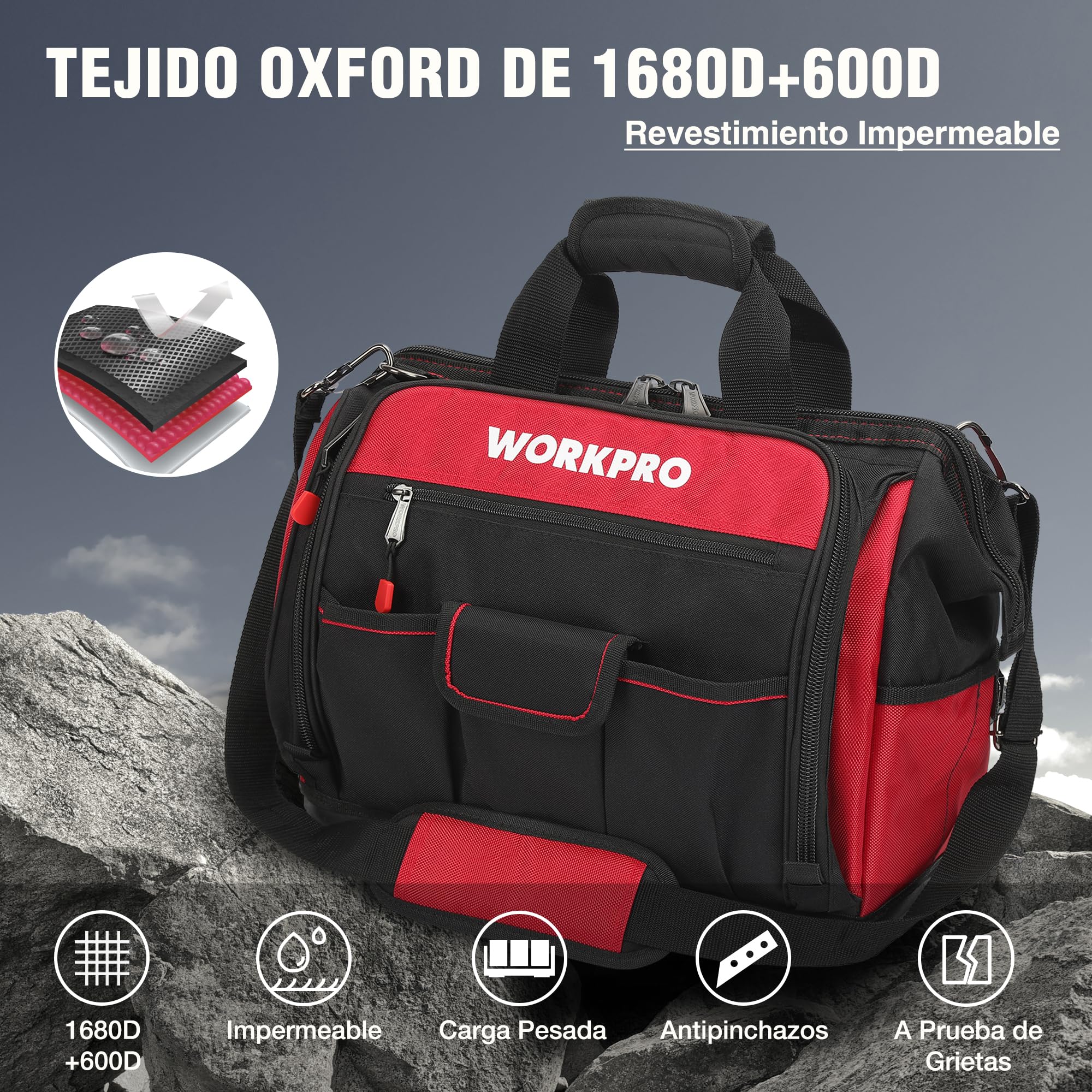 WORKPRO Bolsa de Herramientas 42 x 25 x 34 cm, Bolsa de Herramientas con Carga Máxima 18-30kg, Respaldo Rígido Resistente al Agua, Correa Ancha Ajustable para el Hombro, Cremallera Flexible