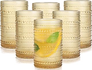Amber Hobnail Glasses Drinking Set of 6, 12 oz Cocktail Glasses, Amber Vintage Glassware for Beer, Cocktail, Soda, Juice, Coffee and Various Mixed Drinks