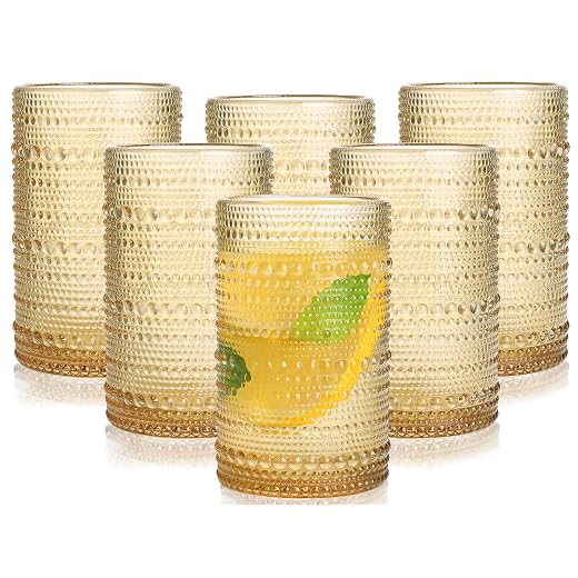 Amber Hobnail Glasses Drinking Set of 6, 12 oz Cocktail Glasses, Amber Vintage Glassware for Beer, Cocktail, Soda, Juice, Coffee and Various Mixed Drinks