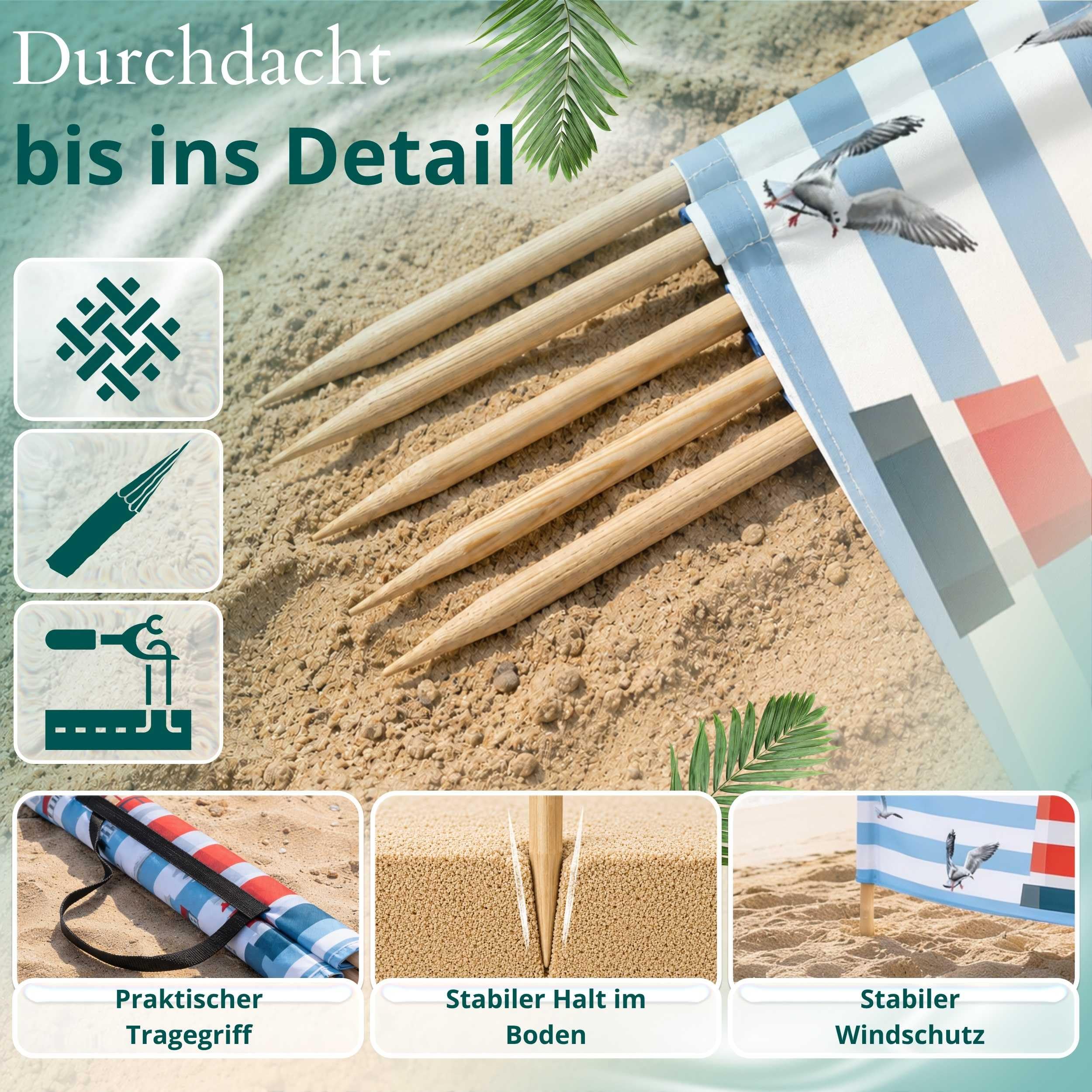 Strandparavent Mikrofaser | Windschutz 80cm | Leuchtturm 8m | Robuste Holzstäbe | Vernäht | Hochwertig
