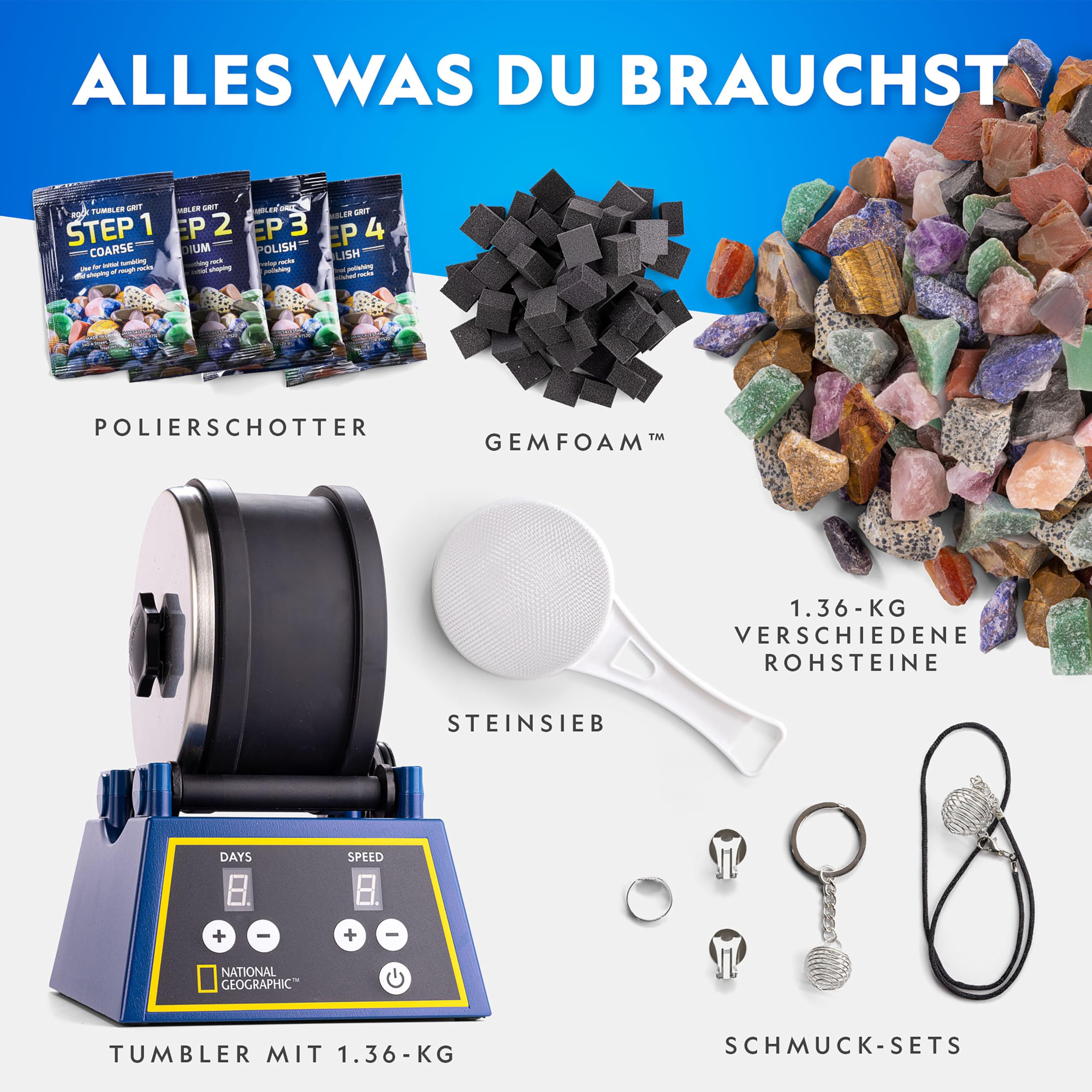 National Geographic Steintrommel-Set - Extra große 1,36 kg Kapazität, 1,36 kg ungeschliffene Edelsteine, 4 Polierstärken, Schmuckbefestigungen, EIN pädagogisches Mint-Wissenschafts-Set