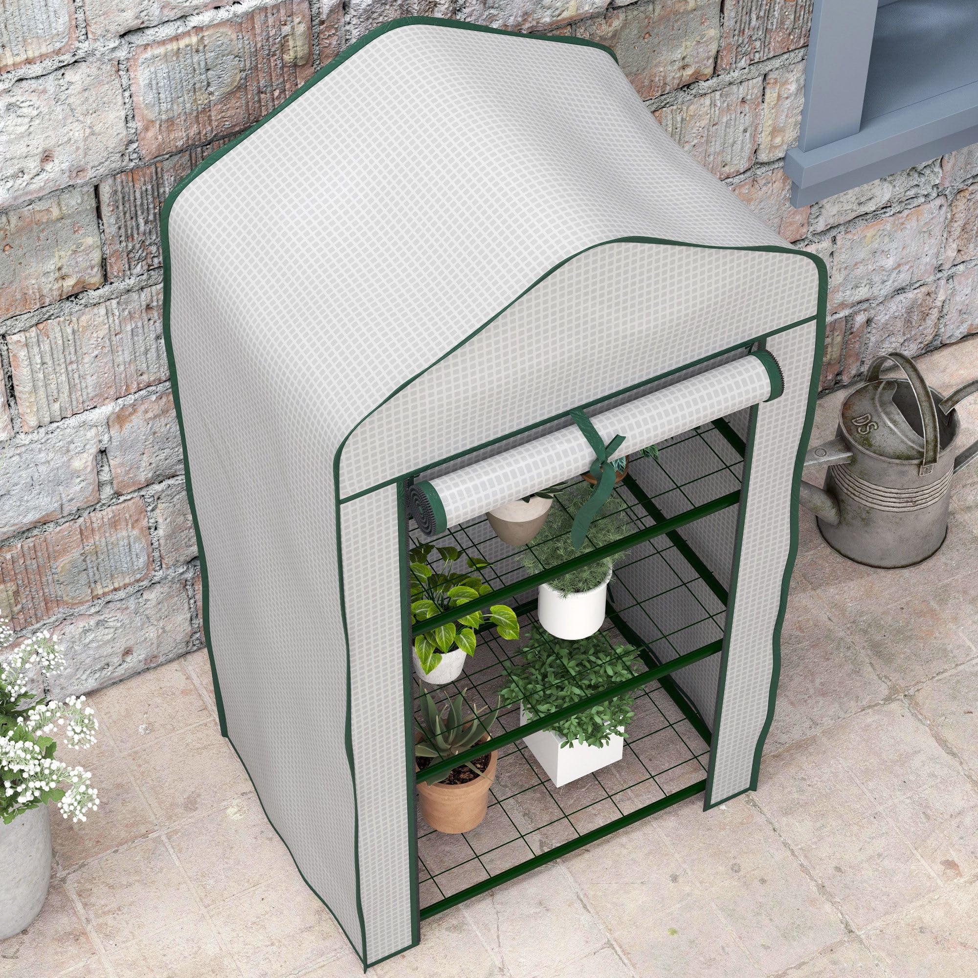 Outsunny Serre de Jardin avec étagères 3 Niveaux, Serre de Balcon, bâche renforcée PE, châssis en Acier, Porte zippée Enroulable, pour légumes Plantes Fleurs, 59 x 39 x 127 cm, Blanc