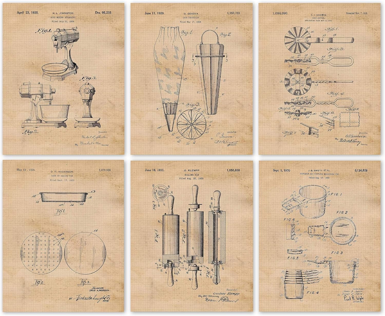 Classic Baking Patent Prints, 6 (8x10) Unframed Photos, Wall Art Decor for Home Work Office Pastry Bistro Studio Kitchen Diner Restaurant Shop School Student Teacher Coach Cullinary Chef Cook