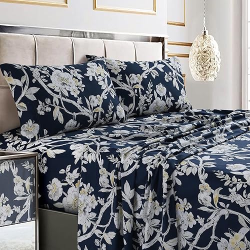 Miniatura 2 de Tribeca Living Colmar - juego de sábanas de algodón de 300 hilos, extra profundo, estampado, Algodón, Colmar Azul marinoMulti, gemelo