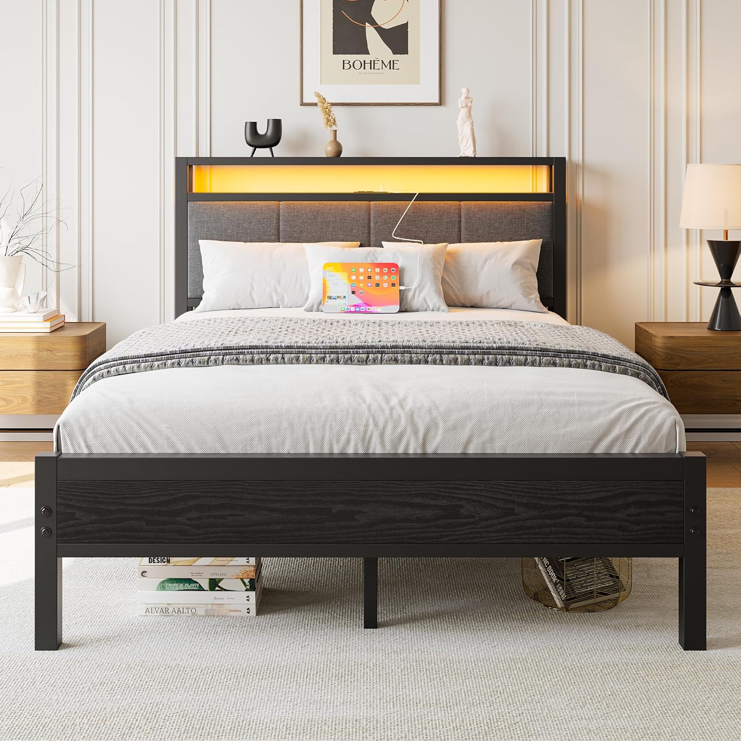 Full Bed Frame with LED Lights and Charging Station, Double Bed Frame Full,Heavy Duty Metal Bed with Storage Fabric Headboard,Solid and Stable, Metal Slats Support,Mattress Foundation (Black) - Image 4