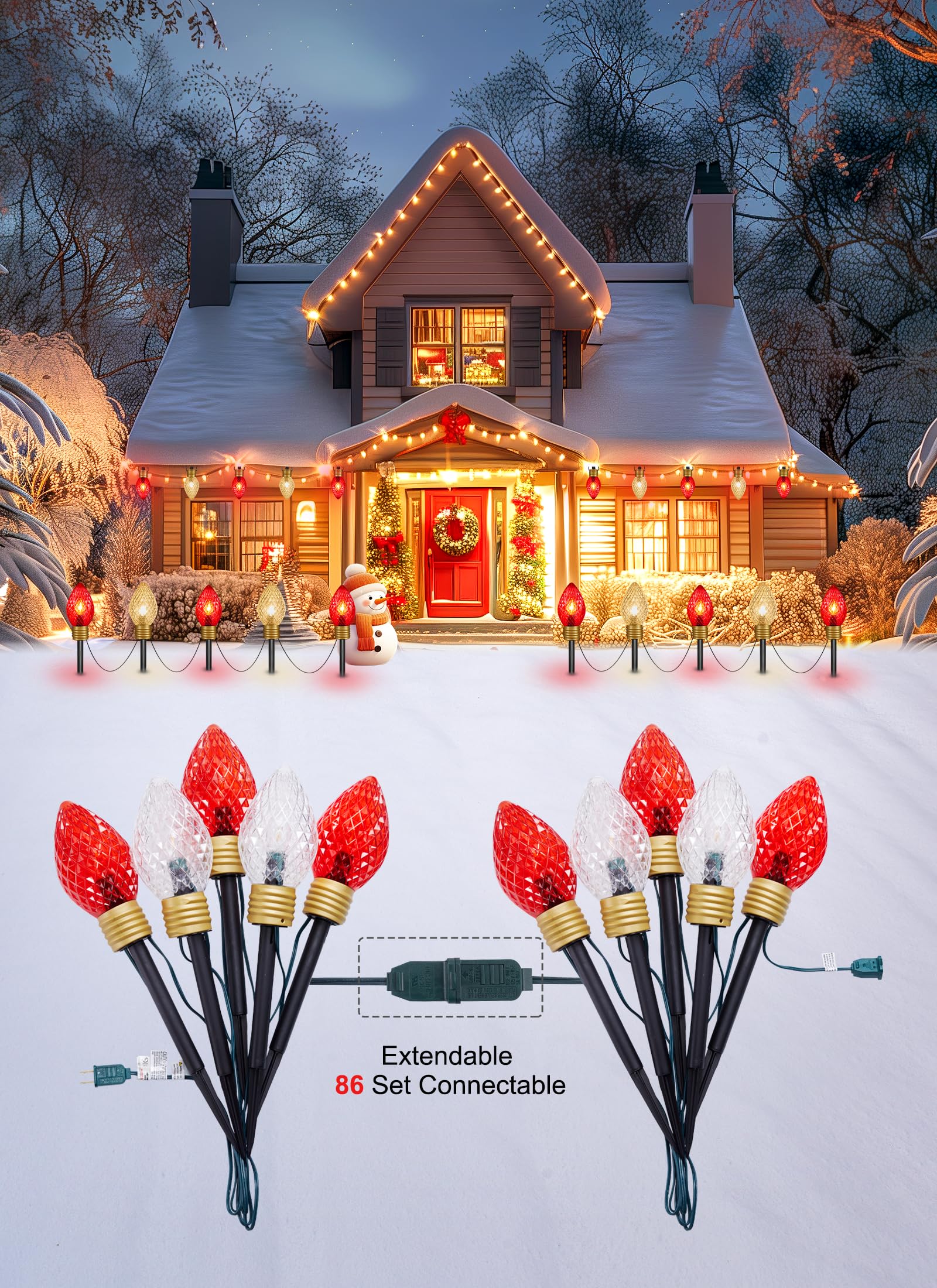Luces De Camino De Navidad C9 Para Exteriores 25.7 Pies, 20 Bombillas De Ceramica Multicolor Con 20 Estacas De Marcador Luces C9 Impermeables