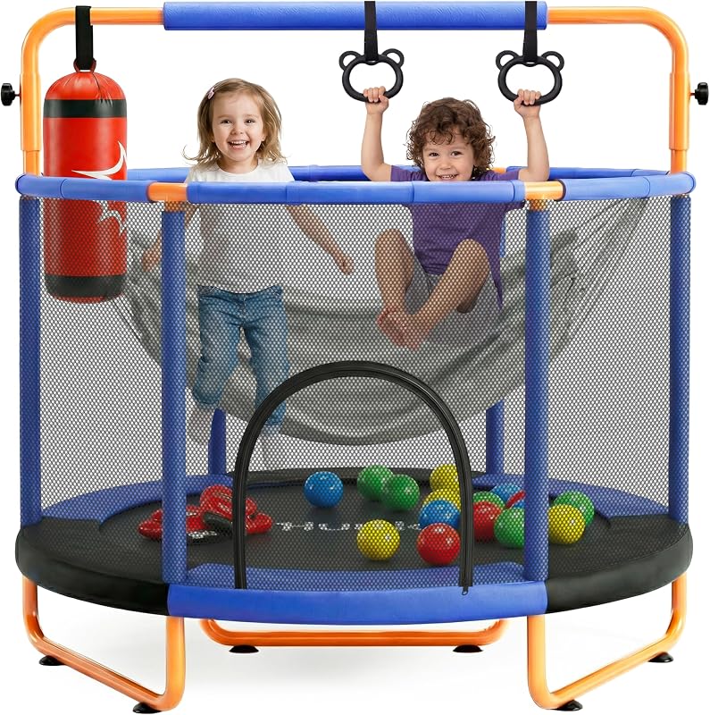 Hurtle Kindertrampolin - 140 cm mit Sicherheitsnetz – Trampolin Kinder Indoor Outdoor mit Haltestange, Schaukel, Ringe, Boxsack und Bällen bis 200 kg belastbar