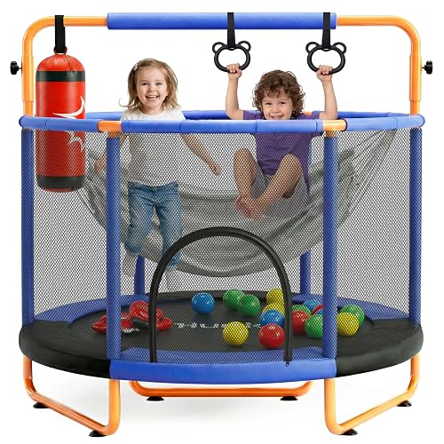 Hurtle Kindertrampolin - 140 cm mit Sicherheitsnetz – Trampolin Kinder Indoor Outdoor mit Haltestange, Schaukel, Ringe, Boxsack und Bällen bis 200 kg belastbar Blau