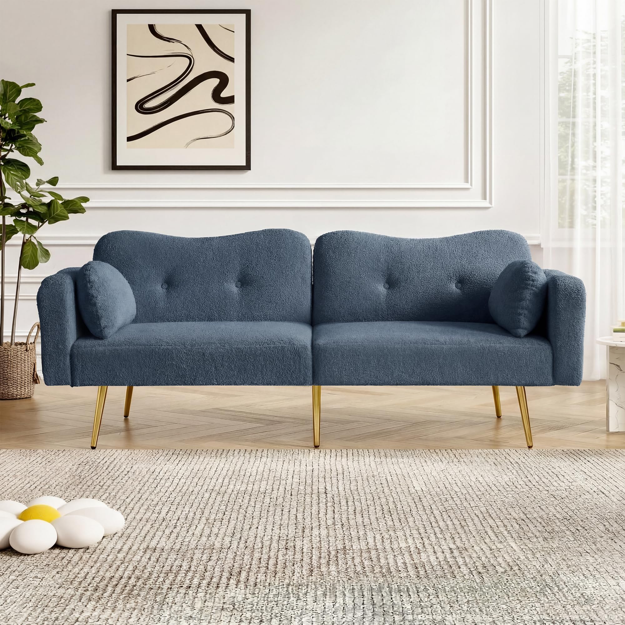 Divano letto a 2 posti con funzione sonno, moderno, schienale regolabile, piedini in metallo dorato, funzione letto integrata, mobile multifunzione 2 in 1, colore: blu-grigio