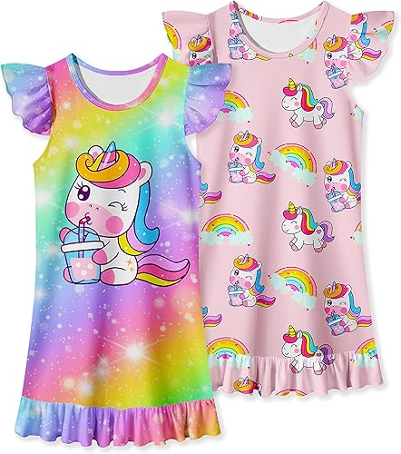 LQSZ 2 camisones para niñas de 3 a 10 años de manga corta con vuelo, camisón de noche, pijama para niñas pequeñas