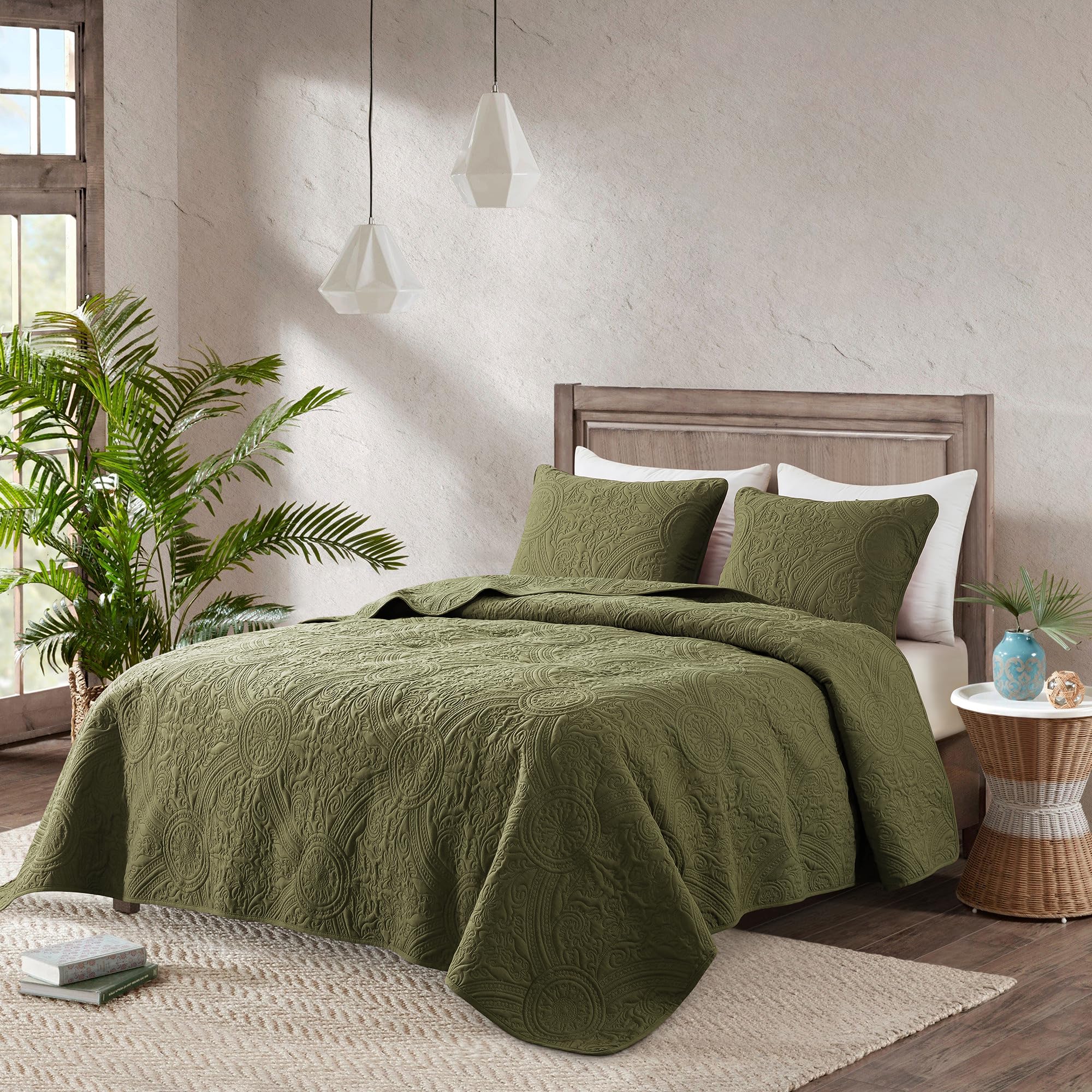 Photo 1 of Boho Green California Oversized Cal King Size Quilt Bedding Sets with Pillow Shams, Olive Lightweight Soft Bedspread Coverlet, 3 Pieces, 118x106 inches Green-damask California King