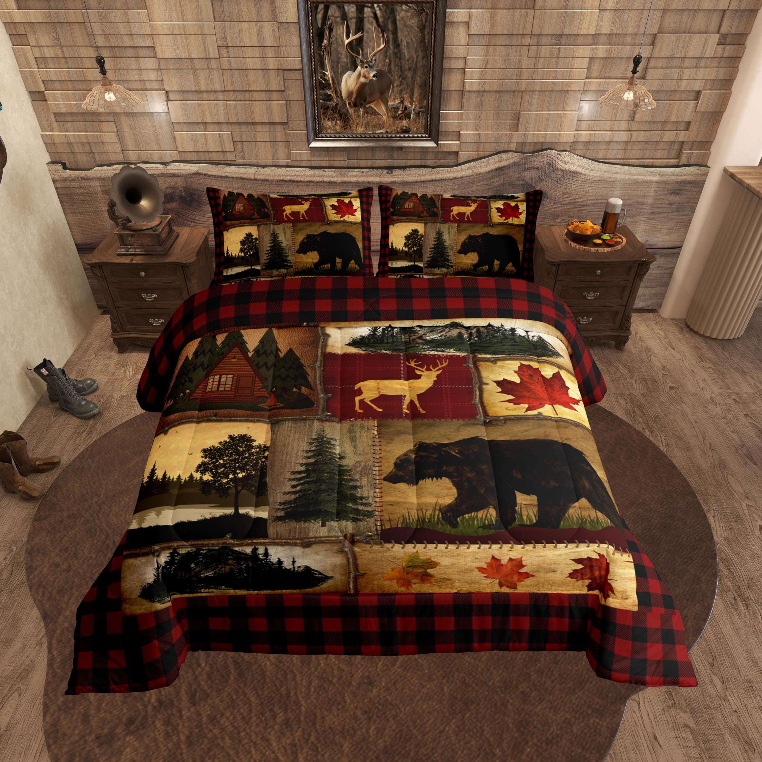 Bear Cabin Plaid Comforter Set Queen, Rustic Farmhouse Bedding Comforter Sets, Retro Hunting Deer Bedding, Country Woodland Pine Tree Duvet Set, Maple Leaf Lodge Decor Down Comforter, Red Black Brown